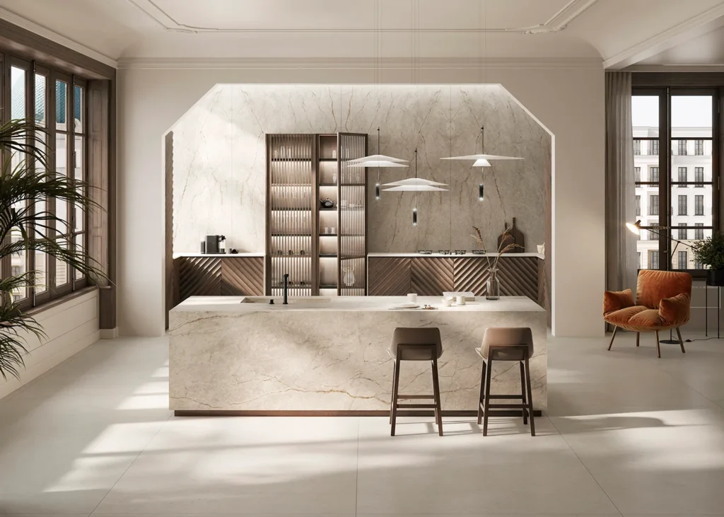 Modern kitchen with marble island and two stools.
