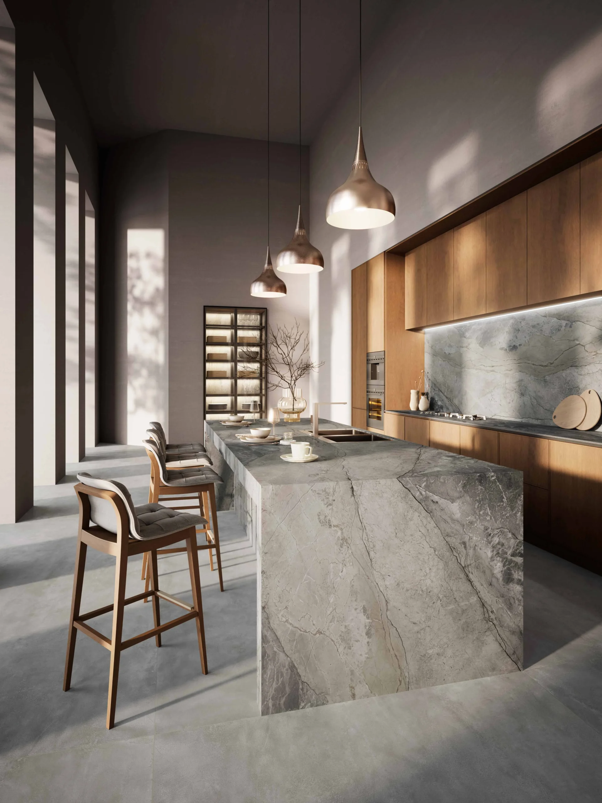 Modern kitchen with marble island and wooden accents.